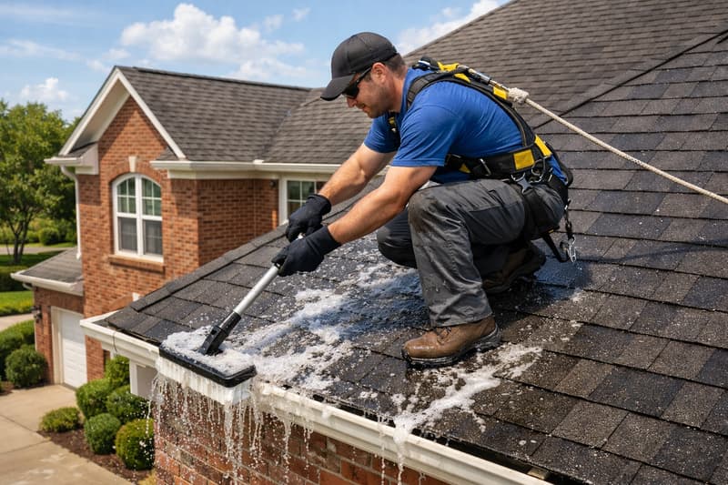 Professional soft wash roof cleaning technician applying cleaning solution to Oklahoma City home roof
