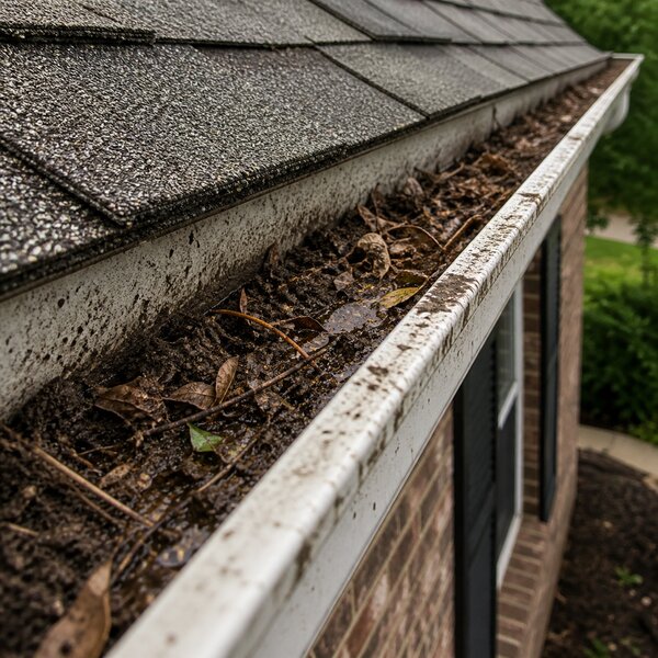 Clogged residential gutter packed with wet leaves and debris in Oklahoma City