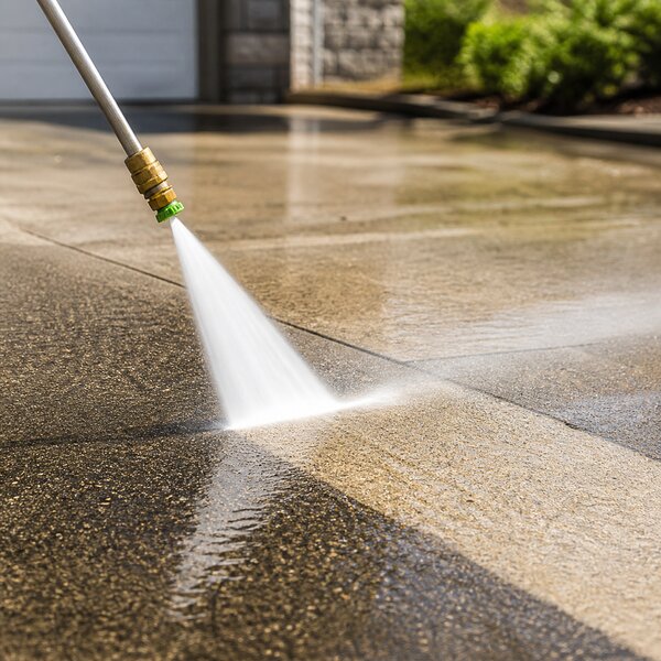 Close-up of a pressure washer surface cleaning a concrete driveway in Oklahoma City